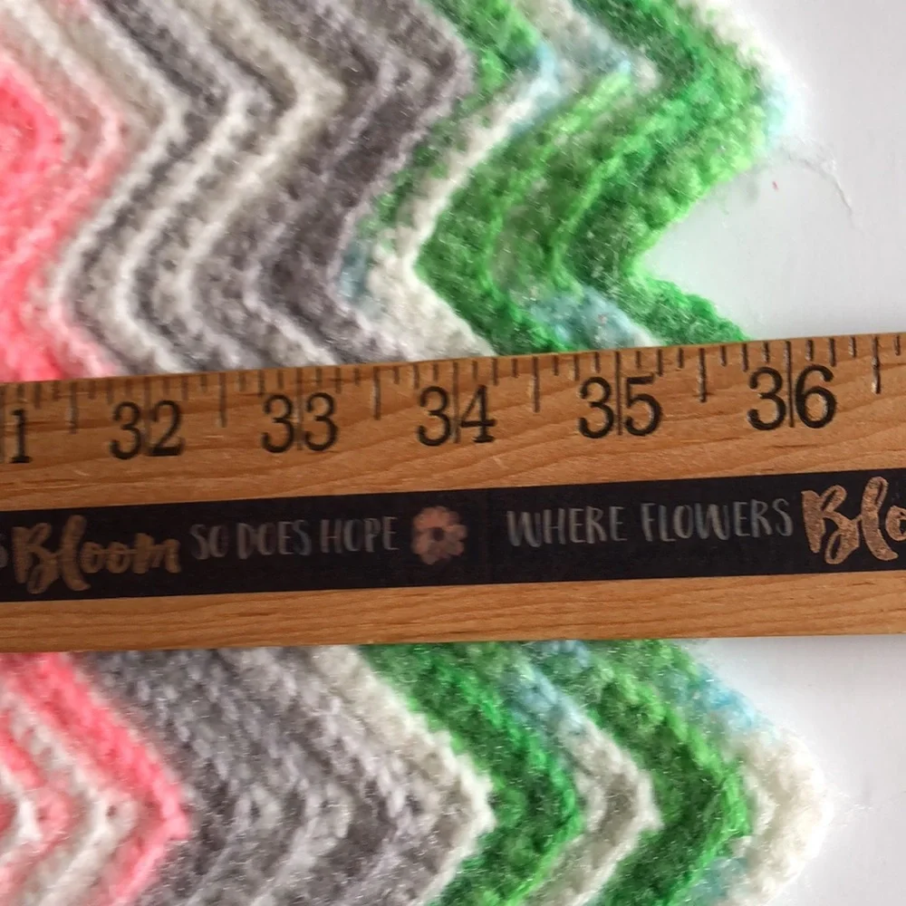 Pink green white gray chevron Baby Blanket Handmade Vintage 1970s Knit Blanket